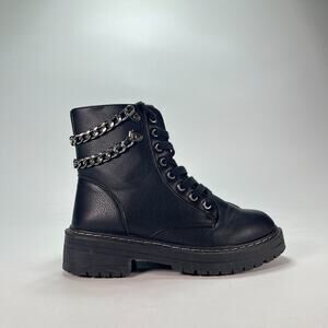 Black Combat Boots Chunky Platform Double Chain Ankle Booties Women's Size 6.5
